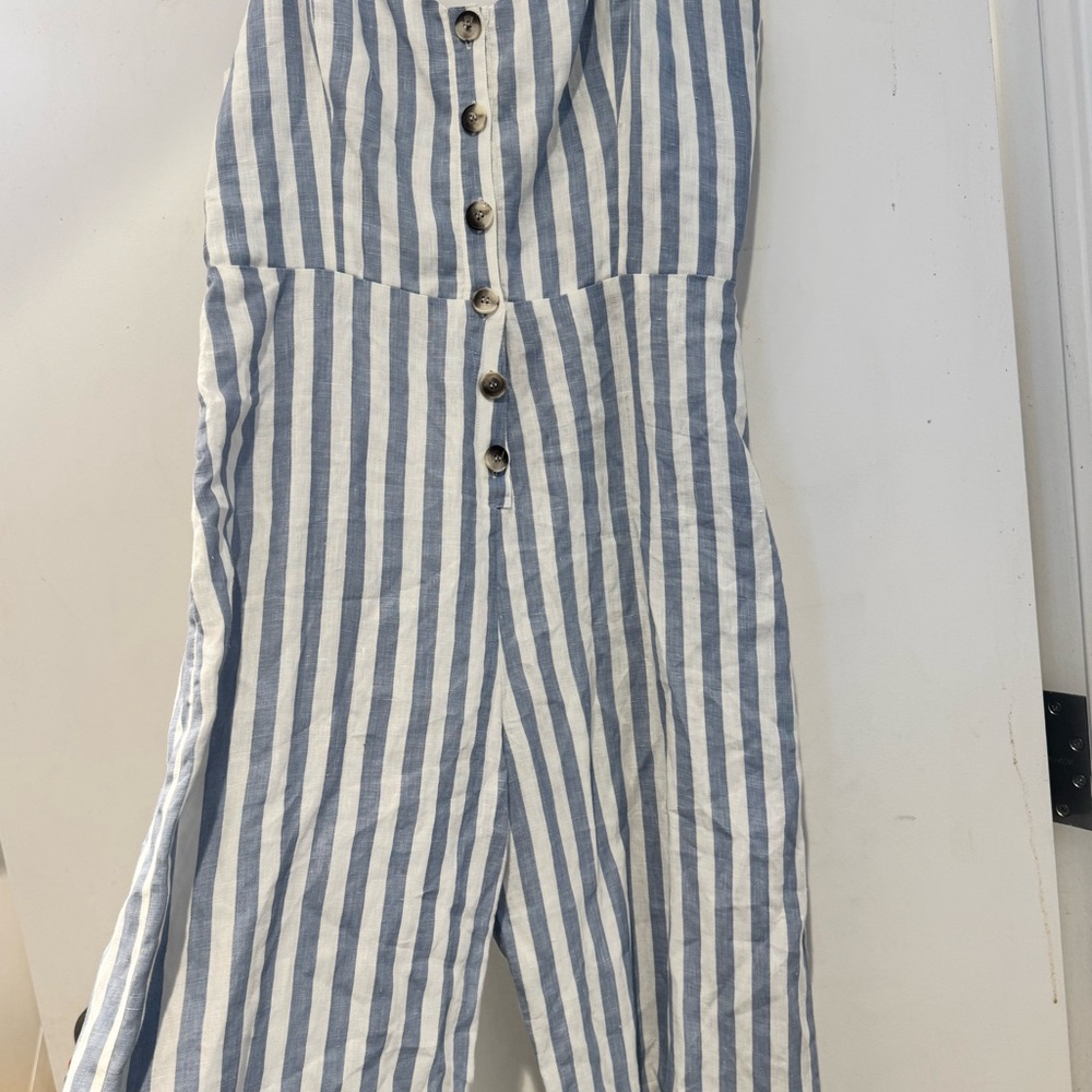 LIKE NEW REFORMATION (NO TAGS) Summer Blue and White Striped Jumpsuit - Picture 3 of 5